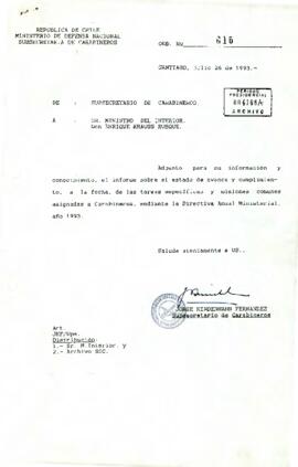 Ord. Nº616 desde la Subsecretaría de Carabineros del Ministerio de Defensa, de su subsecretario, sr. Jorge Kindermann Fernández, dirigida al sr. Ministro del Interior, Don Enrique Krauss Rusque