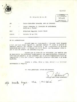 Memorándum [92/21520] del sr. Carlos Bascuñán Edwards, Jefe de Gabinete, al sr. Sergio Villalobos R., Dirección de Bibliotecas, Archivos y Museos