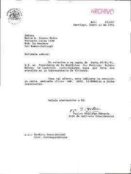 [Carta de respuesta dirigida a la Sra. María Lucero remitiendo su carta a Subsecretaría de Vivienda]