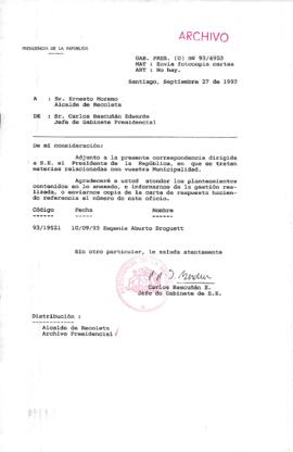 [Oficio  Gab. Pres. Ord. N° 4953 de Jefe de Gabinete Presidencial, remite copia de carta que se indica]