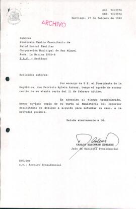 [Carta de respuesta del Jefe de Gabinete Presidencial dirigida al Sindicato del Centro Comunitario de Salud Mental Familiar de San Miguel]