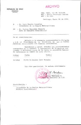 [Carta del Jefe de Gabinete de la Presidencia a Intendente de la Región Metropolitana]