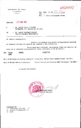 [Se remite fotocopia de correspondencia a Intendente VIII Región]