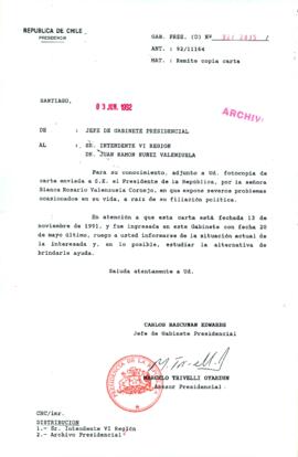 [Carta del Jefe de Gabinete de la Presidencia a Intendente de la VI Región]