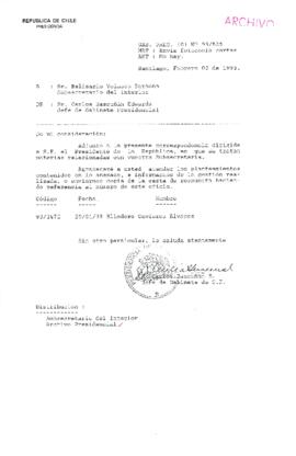 [Oficio  Gab. Pres. Ord. N° 0525  de Jefe de Gabinete Presidencial, remite copia de carta que se indica]