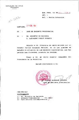 [Se remite carta de Senador Carlos González a Ministro de Hacienda por situación de deudores hipotecarios]