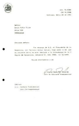 Carta remitida a la Intendencia de la V Región de Valparaíso, mediante Of. GAB. PRES. (O) 91/1099