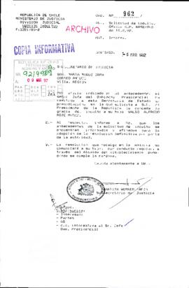 [Copia informativa de Ord. N° 962 de Subsecretario de Justicia dando respuesta a la Sra. Marta Muñoz]