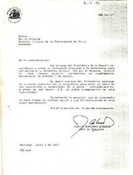 Carta de respuesta a la invitación de parte del Director del Hospital Clínico Dr. José Joaquín Aguirre, Emilio Morales Navarro, al Presidente de la República, para asistir a la ceremonia de su cuadragésimo aniversario