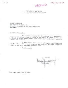 [Carta de Asesor Presidencial en Materias Internacionales sobre carta de Frente Farabundo Martí de El Salvador]