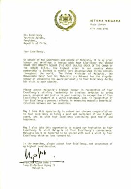 Carta del Sultán Azlah Shah Yang di - Pertuang Agong IX Malasia, dirigida a Patricio Aylwin, Presidente de la República de Chile