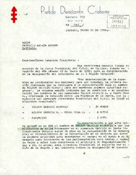 Carta enviada por la Junta Provincial del Partido Demócrata Cristiano de Iquique al Presidente electo Patricio Aylwin
