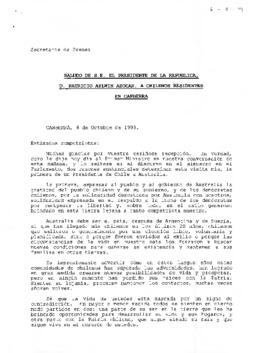 Saludo de s.e. el presidente de la república, D. Patricio Aylwin Azócar, a chilenos residentes en Canberra.