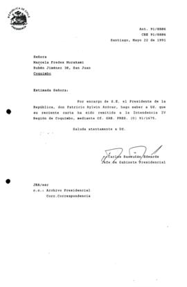 Carta remitida a la Intendencia IV Región de Coquimbo, mediante Of. G A B . PRES. (O) 91/1675.