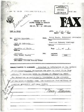 Fax desde la Embajada de Estados Unidos en Chile, de su Consejera Política, sra. Nancy Mason, dirigido al sr. Carlos Bascuñán, Jefe de Gabinete de la República de Chile