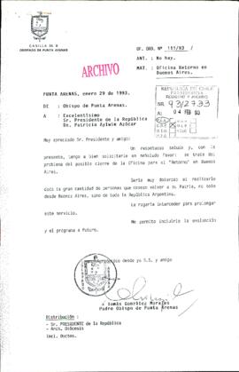 [Carta de Obispo de Punta Arenas sobre posible cierre de Oficina Nacional de Retorno en Buenos Aires]