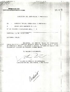 Carta desde la Dirección del Ceremonial y Protocolo, de su Subdirector, sr. Felipe Du Monceau de Bergendal, dirigida al sr. Jefe de Gabinete de S.E.