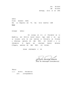 [Informa que carta fue remitida a MINVU, mediante Of. GAB. PRES. (0) 91/2439 y a la Intendencia VI Región, mediante Of. GAB. PRES. (0) 91/2422]422.