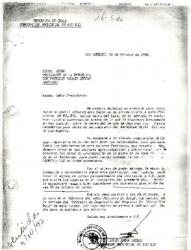 Carta desde la Gobernación Provincial del Bío Bío, de su Gobernador, sr. Julio Stark Ortega, dirigida al Excmo. Sr. Presidente de la República Don Patricio Aylwin Azocar