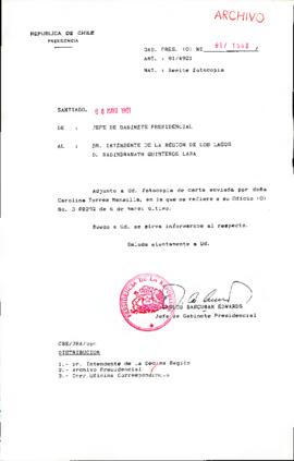 [Se remite fotocopia de correspondencia a Intendente de la Región de los Lagos]