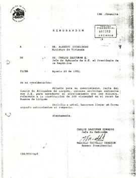 Memorándum de Carlos Bascuñán Edwards, Jefe de Gabinete Presidencial, a Alberto Etchegaray, Ministro de Vivienda