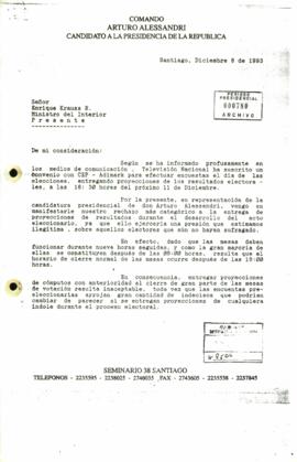Carta desde el Comando de Arturo Alessandri, Candidato a la Presidencia de la República, del Jefe de Campaña, sr José Manuel Edwards Edwards, Señor Enrique Krauss R., Ministro del Interior