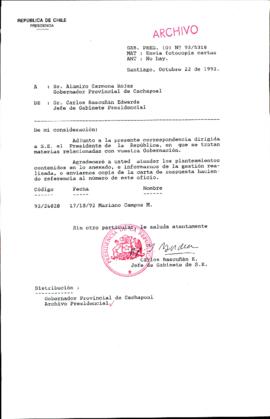 [Carta del Jefe de Gabinete de la Presidencia a Gobernador Provincial de Cachapoal]