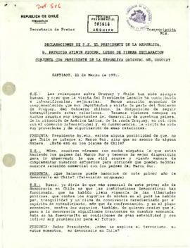 Transcripción de las declaraciones del Presidente Patricio Aylwin Azócar, ofrecidas el 22 de marzo de 1991, tras la firma de una declaración conjunta con el Presidente del Uruguay, Luis Alberto Lacalle, en Santiago