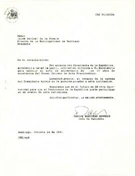 Carta de Carlos Bascuñán Edwards, Jefe de Gabinete Presidencial, a Jaime Ravinet de la Fuente, Alcalde de Santiago, sobre invitación al Presidente de la República a aniversario del Museo Chileno de Arte Precolombino