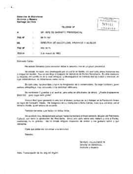 Telefax dirigido al Jefe de Gabinete Presidencial de parte del Director de Bibliotecas, Archivos y Museos, sr. Sergio Villalobos R.