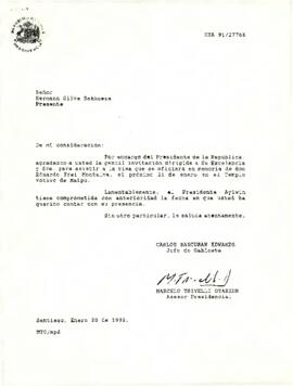 Carta de Carlos Bascuñán Edwards, Jefe de Gabinete Presidencial, a Hermann Silva Sanhueza, sobre invitación al Presidente de la República a misa en memoria de Eduardo Frei Montalva