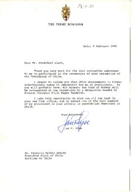 Carta del Primer Ministro de Noruega, sr. Jan P. Syse dirigida a Mr. Patricio Aylwin Azocar President Elect of Chile