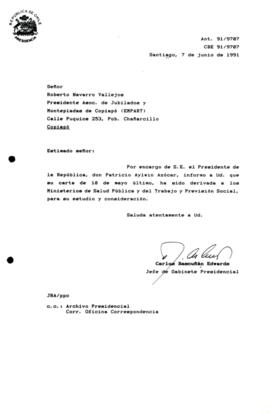 [Informa que carta fue remitida a los  Ministerios de Salud Pública y del Trabajo y Previsión Soc...