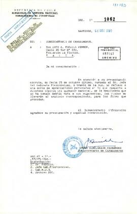 [Carta de respuesta de Jorge Kindermann Subsecretario de Carabineros dirigida a don  Luis Padilla]
