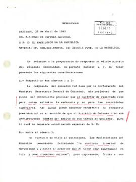 Memorándum del Ministro de Defensa Nacional a S.E. El Presidente de la República