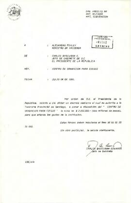 Memorándum de Carlos Bascuñán Edwards, Jefe de Gabinete Presidencial, a Alejandro Foxley, Ministro de Hacienda, sobre otorgamiento de subvención al Centro de Grabación para Ciegos