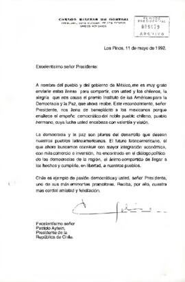 Carta del Presidente Constitucional de los Estados Unidos Mexicanos, sr. Carlos Salinas de Gortari, dirigida al Excelentísimo señor Patricio Aylwin, Presidente de la República de Chile