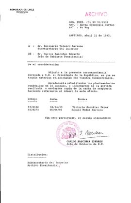 [Oficio Gab. Pres. Ord. N° 1939 de Jefe de Gabinete Presidencial, remite copia de carta]