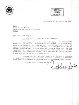 [Carta del Presidente Aylwin al Embajador de Chile en Francia, referente a la correspondencia env...