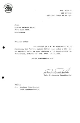 [Informa que carta fue remitida a la Subsecretaría de Carabineros, mediante Of. GAB. PRES. (0) 91/1899]