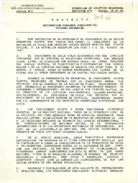 Proyecto Declaración Conjunta Presidencial Chileno-Argentina, Dirección de Política Bilateral Revisión N°8, del Ministerio de Relaciones Exteriores de la República de Chile