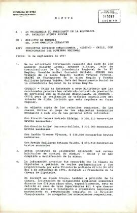 Minuta enviada por el Ministro de Minería al Presidente de la República, informando sobre contratos de prestación de servicios entre la División Chuquicamata de CODELCO y cuatro funcionarios del Gobierno Regional de Antofagasta