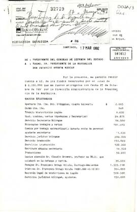 Rendición de cuentas presentada por Guillermo Piedrabuena Richards, Presidente del Consejo de Defensa del Estado, dirigida al Presidente Patricio Aylwin, respecto de fondos reservados por $6.000.000 entregados en octubre de 1991