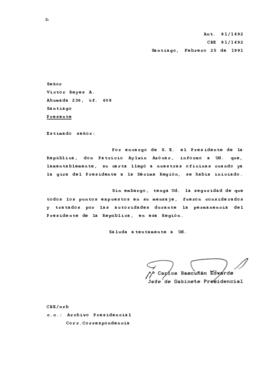 [Carta de respuesta del Jefe de Gabinete Presidencial al Diputado Víctor Arado]