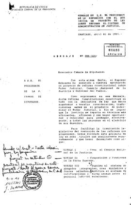 Mensaje Nº 281-321 De S.E. El Presidente de la República con el que inicia un proyecto de Ley sobre Reforma al Sistema de Administración de Justicia