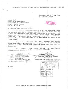 [Carta del Comité Representativo de las Entidades Judíos de Chile, invita al Sr. Presidente a la celebración del año nuevo judío]