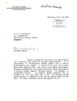 Carta desde el Ministerio de Relaciones Exteriores, de su Ministro sr. Enrique Silva Cimma, dirigida a S.E. el Presidente de la República Don Patricio Aylwin Azócar