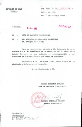 [Carta del Jefe de Gabinete de la Presidencia a Ministro de Relaciones Exteriores]