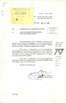 Oficio Nº: PD-11/93-O, del Presidente del Directorio de Televisión Nacional de Chile, sr. Jorge Donoso Pacheco, dirigido al Jefe de Gabinete Presidencial, sr. Carlos Bascuñán Edwards