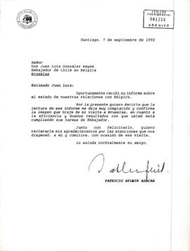 [Carta del Presidente Aylwin al Embajador de Chile en Bélgica, respecto del informe sobre el esta...